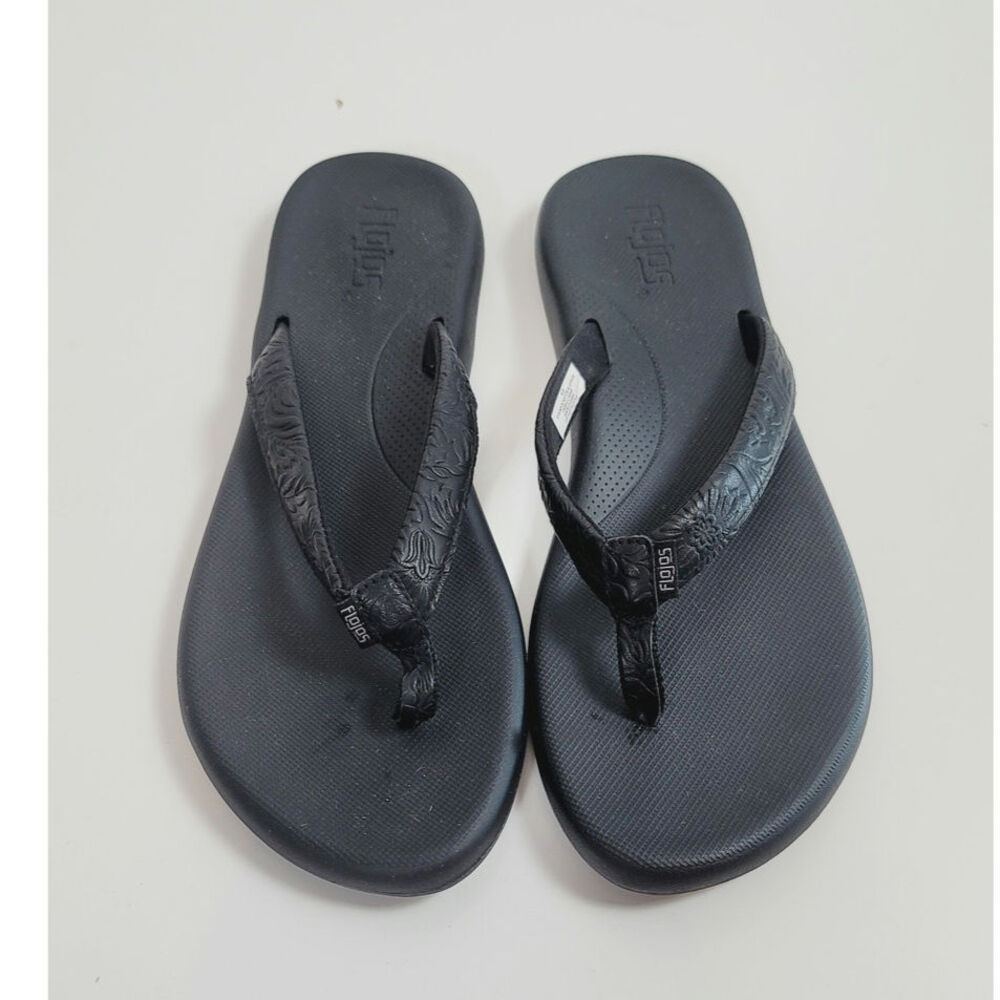 FLOJOS FLORAL DESIGN FLIP FLOPS IN BLACK, SZ 10
